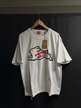 Human Made White Tee with Black Bunny Outline and Red Accents